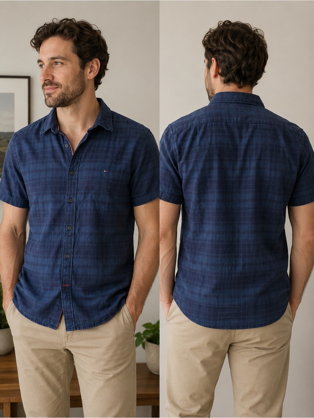 Tommy Hilfiger Navy Plaid Short Sleeve Button-Up XXL Regular Fit 100% Cotton